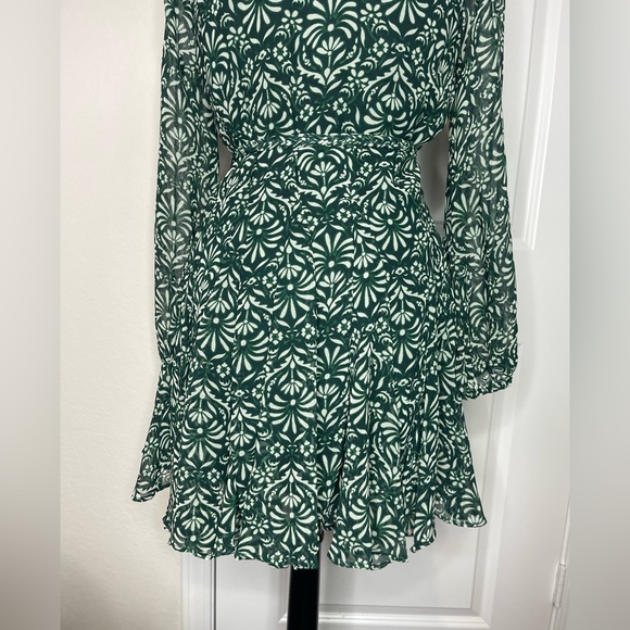 Zara Long Sleeve Belted Dark Green Floral Print Mini Dress - Picture 9 of 9